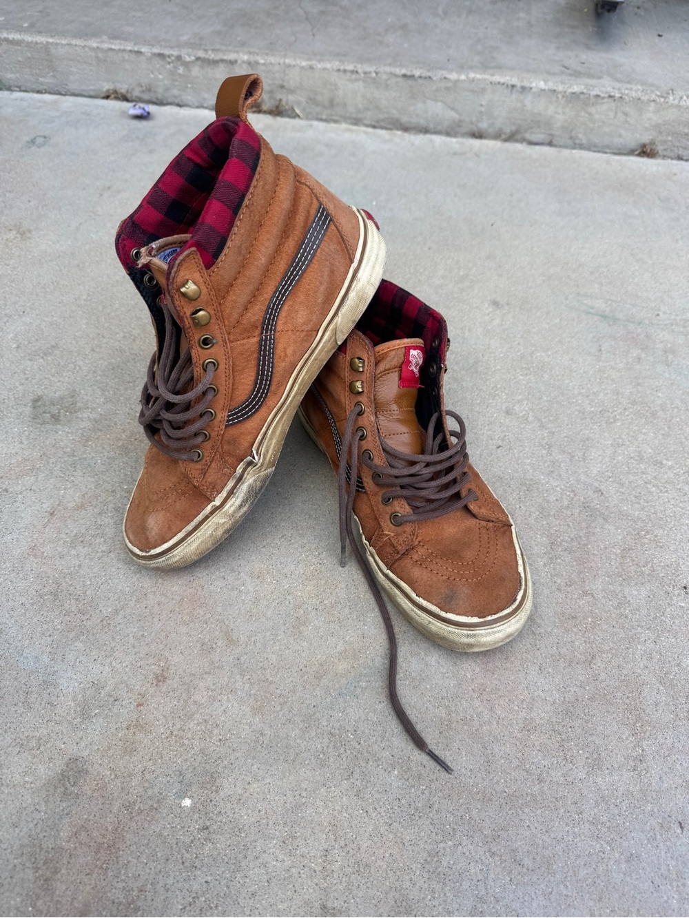 Vans Brown Suede High-Top Sneakers with Red Plaid Lining 9.5